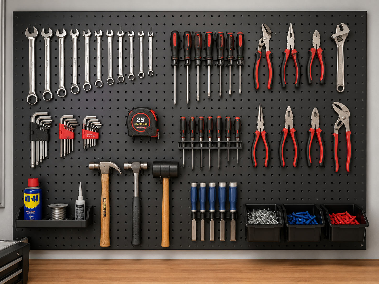 Bảng gá dụng cụ với dụng cụ được sắp xếp